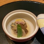 嵯峨沢館 - 地鶏と蕨の寄せ煮、蓮根、新牛蒡、絹さや