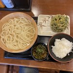 丸亀製麺 古川中島 - 釜揚げうどん 大  三つ葉しらすかき揚げ ライス