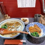 烈志笑魚油 麺香房 三く - かけラーメン＋角煮ご飯＋お通しの中華風はるさめ