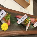 Oumiushi Okaki Honten - 肉寿司三種盛り