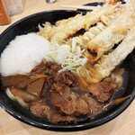 さん吉うどん - 肉ごぼう天うどんに海老天ととろろトッピング
