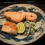 茜坂大沼 - 北海道の桜鱒・大原野の白子筍・こごみの胡桃和え　大原野の白子筍もラストとの事。ギリギリセーフ♪　大沼さんの焼き物はいつも最高で、中がレア気味の桜鱒がしっとり♡