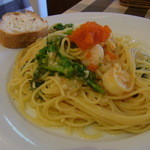 Miraneze - 今週のスパゲティ（１１８６円）の小エビと菜の花の黄色いトマトソースパスタ