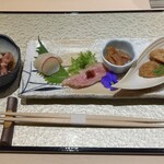 Hakata Sushi Takayama - 前菜5種　ホタルイカ、ホタテ、カモ、タケノコ、タコ