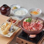 Clay pot Sukiyaki and Tempura set meal (premium beef)