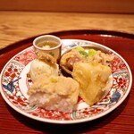 京味 もと井 - ホタルイカ天ぷら・こごみとそら豆酢味噌和え・筍の天ぷら・新じゃがいも・アサリのしぐれ煮・蕗のとう・穴子のすしなど