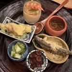 茜坂大沼 - 稚鮎の天ぷらは、今年初めての鮎です！ほろ苦。ヤングコーンの海鼠腸クリームは発酵食品のような深みがあります。豆乳ゼリーの才巻の甘いこと。