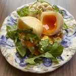 Homemade chashu potato salad topped with soft-boiled egg