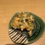 Tempura Tenkiyo - 初夏の天ぷらコース４１８０円。小海老と枝豆のかき揚げ。初夏満喫ですね。