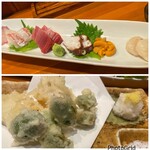 味峯 - お造り5種盛り　そら豆と鱧の天麩羅