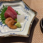 元町 井おか - 刺身の3種盛り甘エビの紹興酒ヅケは絶品