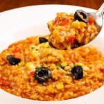 Octopus and olive tomato risotto