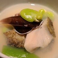 淡流 - ⑨蒸し黒鮑(兵庫県家島諸島産)、鳥貝(兵庫県家島諸島産)、空豆、スナップ豌豆の焚き合わせ
                瀬戸内の上質な黒鮑は幻レベル、日本海側と異なり様々な海藻を食べるので旨みが円やか
                再訪問すると心で誓ったレベル