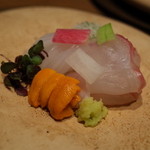 六雁 - お造り 鮃 あおり烏賊 生雲丹