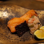 六雁 - 焼物 函館からの桜鱒 山葵菜おろし すだち