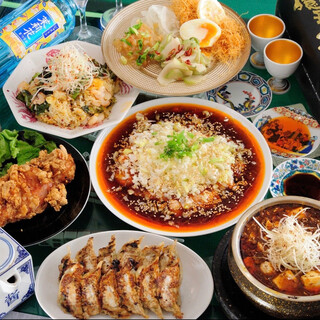 A variety of [impure Chinese] dishes, including popular Gyoza / Dumpling, flaming mapo, and crispy chili shrimp.