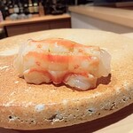 鮨 富かわ - 車海老　食感を楽しむ為にネタを横にしています。