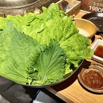 焼肉料理屋わんこ - 「包み野菜セット（税抜￥880）」サンチュ、サニーレタス、エゴマの葉のセットです。