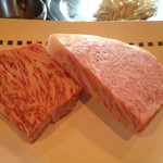鉄板焼ステーキ 一ッ葉ミヤチク - H26.3  右が「金賞牛」11600円、左が「特選宮崎牛」7800円。