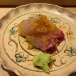 鮨かわなか - 今治の神経締めタイ 自家製の削りカラスミ乗せ