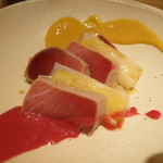 神保町 傳 - 26年3月　熟成メジマグロのづけ　辛子味噌、ビーツソース