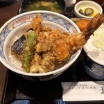 Sobakirishusai Yabu - 姫天丼です。
                        ご飯は茶椀一膳ぐらい。
                        そこに、海老、カボチャ、ナス、しめじ、シシトウといった面子が乗っています。