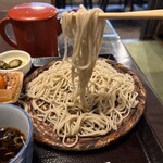 そば切酒菜 藪 - まずは、蕎麦からですね。
            ツユ無しでひと口、、、結構もっちりとした弾力がある蕎麦ですね。後から追うように蕎麦の香りが口に広がります。