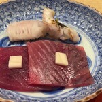 道後 海舟 - 穴子とビヤビヤカツオ新生姜乗せ