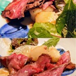銀座ろくさん亭 - ◆強肴（お好みで）
        A､和牛ローストビーフ
       　やや甘めの醤油だれ 相性抜群
       　付け合わせはジャガイモと玉ねぎ
