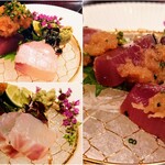 銀座ろくさん亭 - ◆造里  
      A､本日の一番魚二種盛り
       　タイとカツオ ポン酢 大根おろし しその実