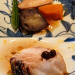 銀座ろくさん亭 - ◆煮物 ・鰆煮付、木の芽
       　優しい味に仕上げられた、
       　なすの揚げ浸し、かぼちゃの煮付け。
       　生臭さを微塵も感じず柔らかな鰆、
       　山椒がいい仕事をします。