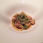 手打ちタリオリーニ　帆立の燻製とブロッコリー２０１４，３