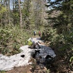 東電小屋 - この先はこんな感じの残雪も3か所あり、気をつければ普通のトレーニングシューズで大丈夫ですが、うっかりすると木道と木道の間を踏み外します