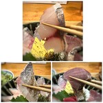 Uki - 太刀魚(皮目炙りで）、鰹、鯵など。どれも美味しい。薄切りですけれど、大きさがあるので旨味を感じますね。