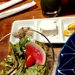 祇園ビストロ 丸橋 - ランチコスパ良いです❣️つきだし3種も付いています♪キノコのソテー♪？？さん（お豆腐屋さんのお名前失念！）に何のソースか忘れ。。かぼちゃサラダだったかな。。