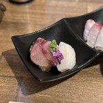 酒肴場 屯 - 大間のまぐろ大トロ炙り、サワラ、ホタテ