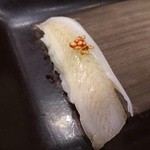 寿司安 - サヨリ。上に乗った胡麻と梅肉が味わいを引き立てます。