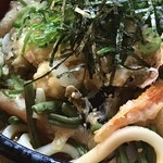 よこた手打うどん - ぶっかけ¥760　かき揚げ・山菜・わかめ5ネギと具沢山。うどんの量が多く満腹になれる。