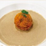 Hokkaido Tokachi mushroom soup topped with foie gras and shadow quen croquettes