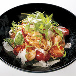 Chilled Arrabiata with ripe tomatoes and shrimp