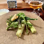 ななしの庵 - 山菜の天ぷら
      アスパラ、ウド、コシアブラ、そら豆、オオナルコユリの蕾、行者ニンニクの芽ソース