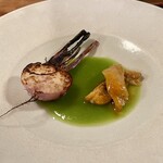 ななしの庵 - あやめ雪とホヤスナップエンドウの摺流し