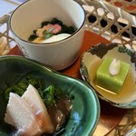 Kago no ya - まめ豆腐、若竹煮、蒸し鶏と菜の花の梅肉ソース