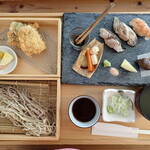 古古 - もり蕎麦、日替わり小鉢、寿司３貫、アジフライ¥2,398