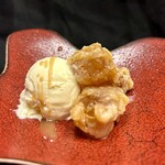 Warabimochi tempura with vanilla ice cream and salted caramel butter sauce