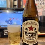 Menchankotei - 瓶ビール（サッポロビールラガー、通称赤星）　ひとり飲みなので、もちろん手酌酒w