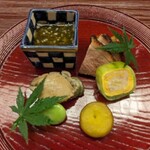 辻布紗 - 八寸　好きな物が盛り沢山♡　もずく酢　トコブシ　空豆　丸十　鴨ロース　八幡巻　鯛の