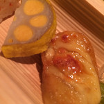 銀座 水野 - からし蓮根・あわ麩の田楽のブルーチーズ和え