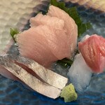 和楽亭 澤 - 刺身3種 メバチマグロ・カワハギ・アジ