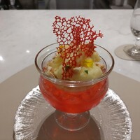 Maison DIA Mizuguchi - 完熟マンゴーマリネ・ココナッツのブランマンジュ・レモンソルベ・シャルドネジュレ・クプアス（白カカオ）・パッションフルーツエスプーマ